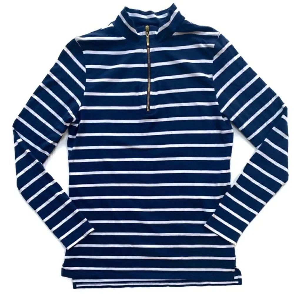 Cape MadrasโAnthroโQuarterย ZipโLongโSleeveโPreppyโPulloverโNavyโWhiteโStripesโXS